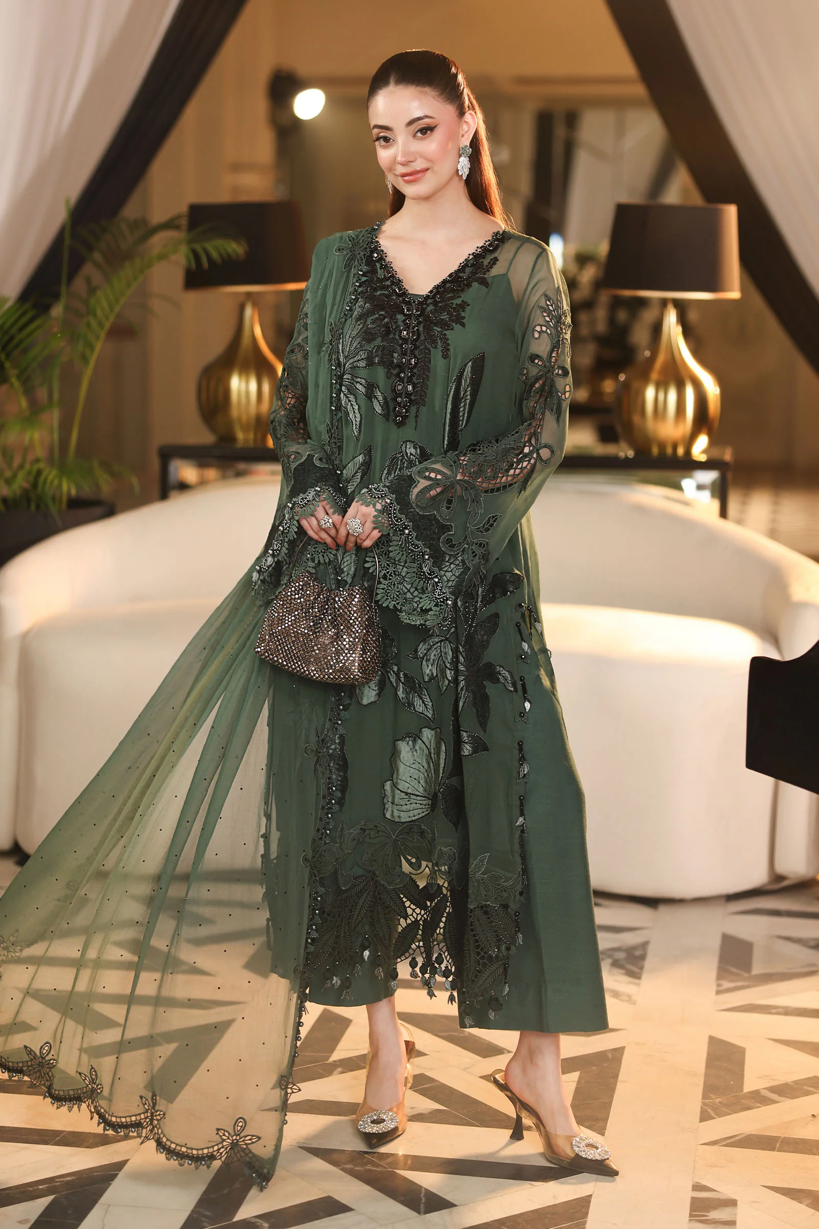 Unstitched Embroidered Chiffon Suit - MPC-26-207-Pine Green
